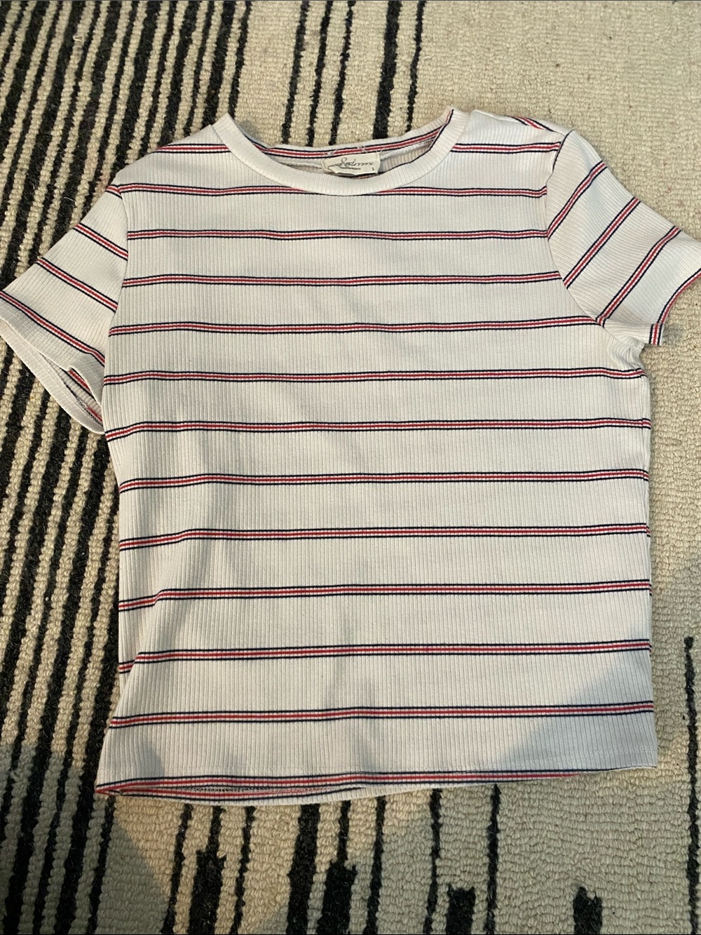 Striped Ribbed Tee in White with Red & Navy Stripes
